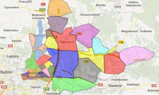 Podział Dąbrowy Górniczej na 27 dzielnic, dla których rozdysponowano środki z BP, źródło: http://twojadabrowa.pl/
