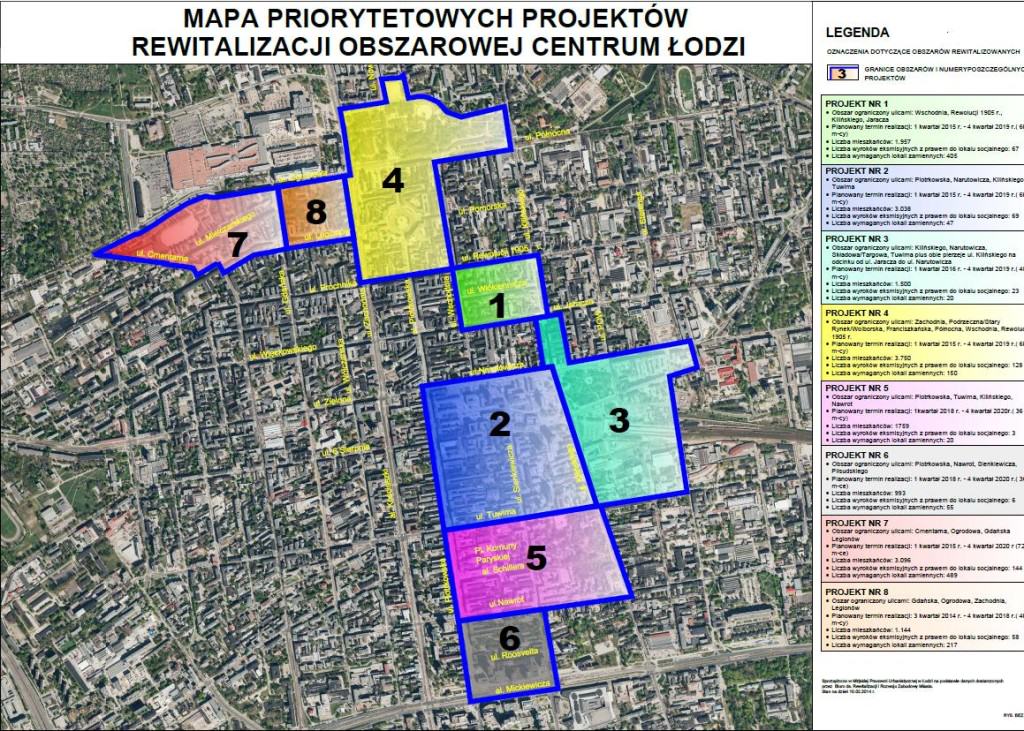Mapa obszarów priorytetowych centrum Łodzi, źródło: http://www.uml.lodz.pl/
