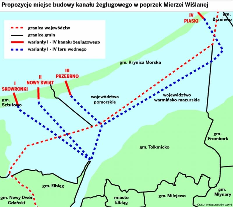 Proponowane miejsca budowy drogi wodnej łączącej Zatokę Gdańską z Zalewem Wiślanym, źródło: Urząd Morski w Gdyni