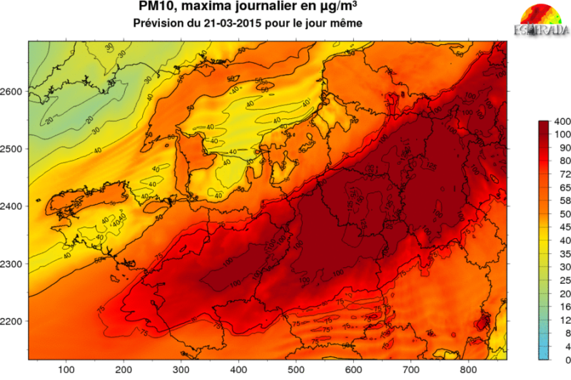 Maksymalne stężenie PM10 w północnej Francji; 21 marca 2015; źródło: Airparif
