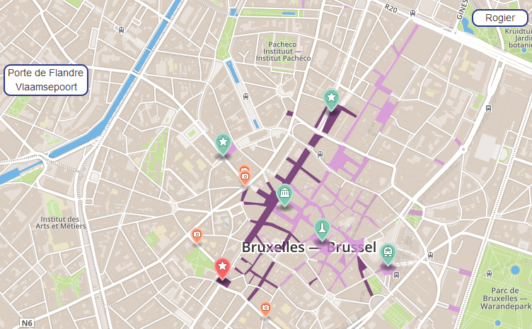 Strefa piesza w Brukseli. Kolorem różowym oznaczono dawny zasięg strefy pieszej, a kolorem fioletowym obszar poszerzony w dniu 29 czerwca; źródło: circulatieplan.be