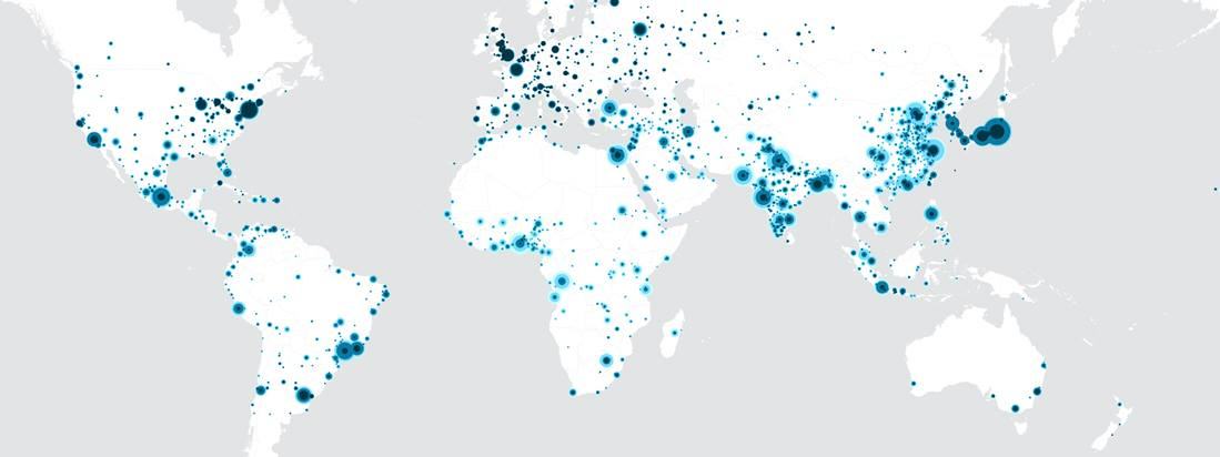Zmiany zaludnienia miast świata; mapa: David Smith/UCL/CASA.