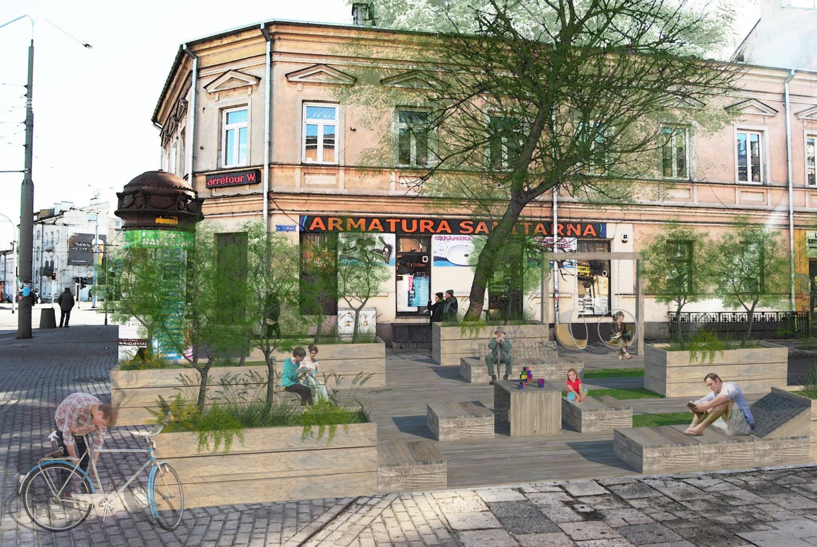 Wizualizacja woonerfu na ulicy 1 maja w Lublinie przedstawiona do konsultacji, autorzy: Emilia Chęć i Katarzyna Szczypior