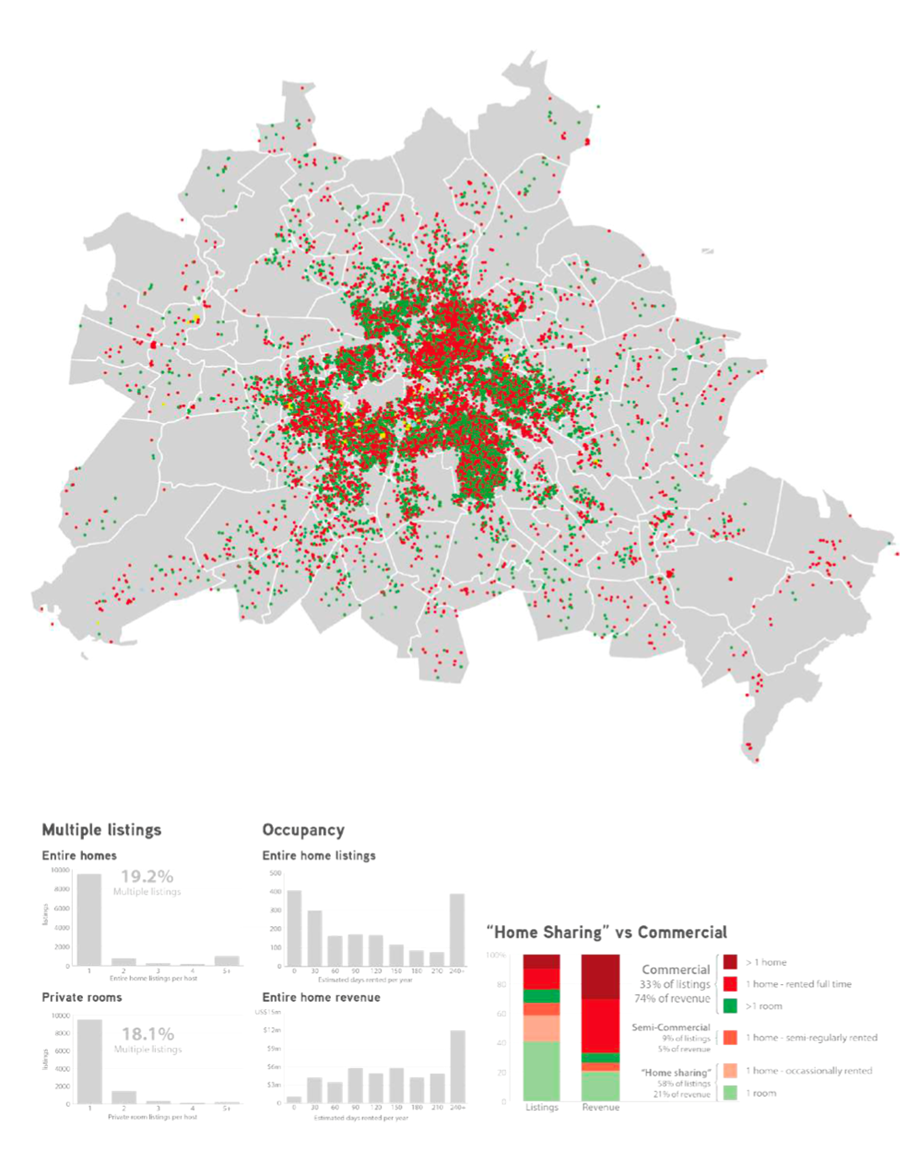 Berlin, rozmieszczenie ofert Airbnb