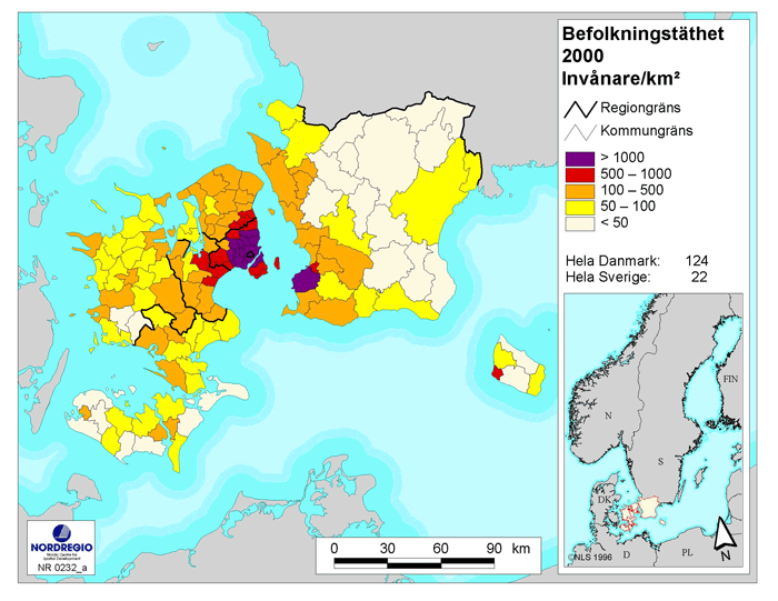Gęstość zaludnienia w regionie Oresund / NORDREGIO
