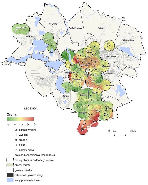 Społeczna waloryzacja przestrzeni na podstawie średniej ocen okolic miejsc zamieszkania (czynnik oceniany: ilość zieleni) Źródło: http://geoankietaolsztyn.pl/wyniki-badan-geoankieta-olsztyn/ 
