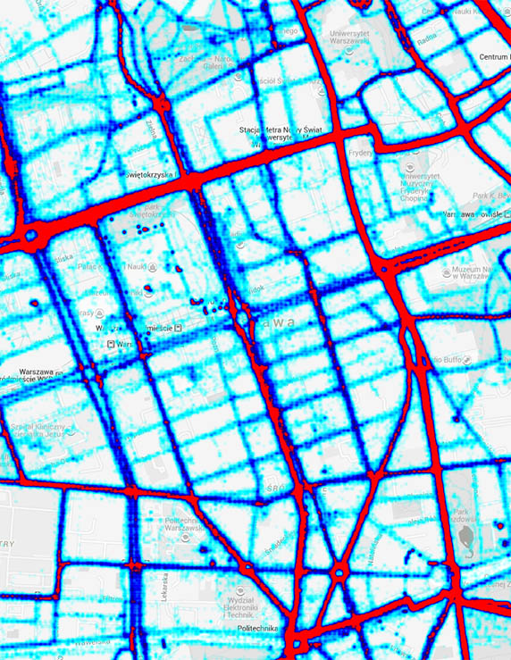 Mapa ciepła dla centrum Warszawy z widocznymi barierami oraz drogami alternatywnymi wybieranymi przez rowerzystów