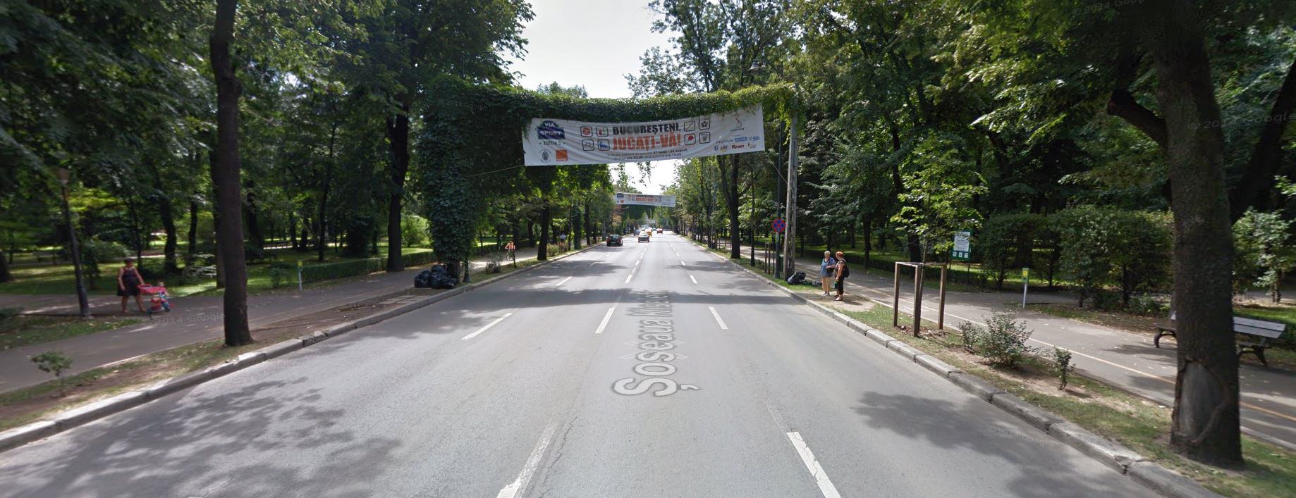 Ulica Kiseleff w Bukareszcie (2014) z widocznymi reklamami wydarzenia VIa Sport; fot. Google Street View