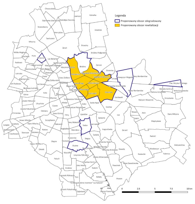 Obszary zdegradowane i obszar rewitalizacji, wyznaczone na terenie Warszawy